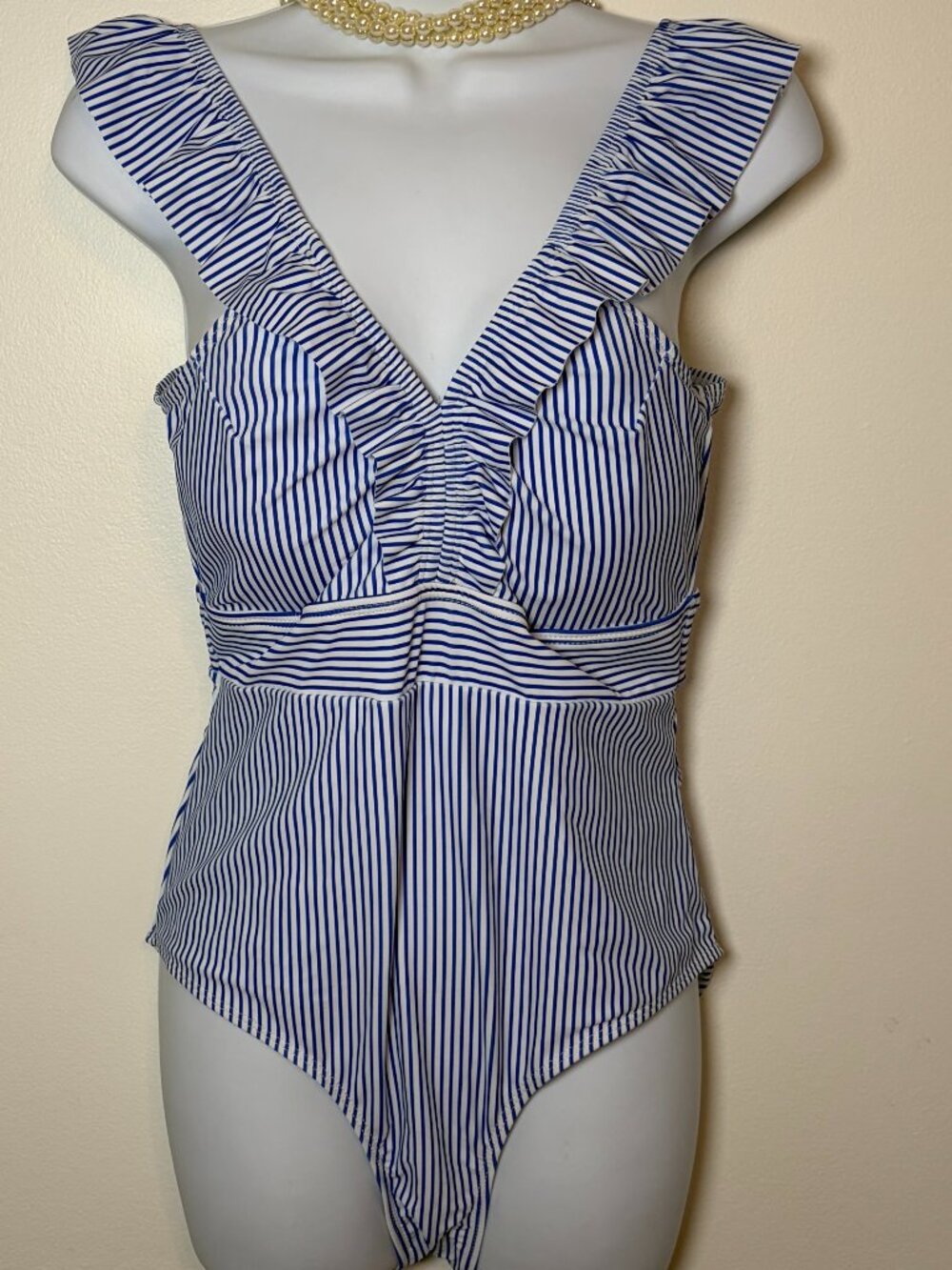 NWT Hayden Los Angeles Blue Stripe Ruffle V Neck One Piece Swimsuit Ruched Small